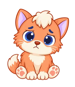 Floky, drawn as a cat, sitting with a worried look