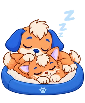 Floky, drawn as a dog and as a cat, asleep together in one bed