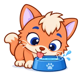 Floky, drawn as a cat, drinking water from a bowl