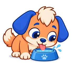 Floky, drawn as a dog, drinking water from a bowl