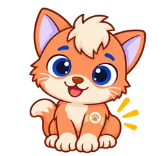 Floky, drawn as a cat, sitting and smiling