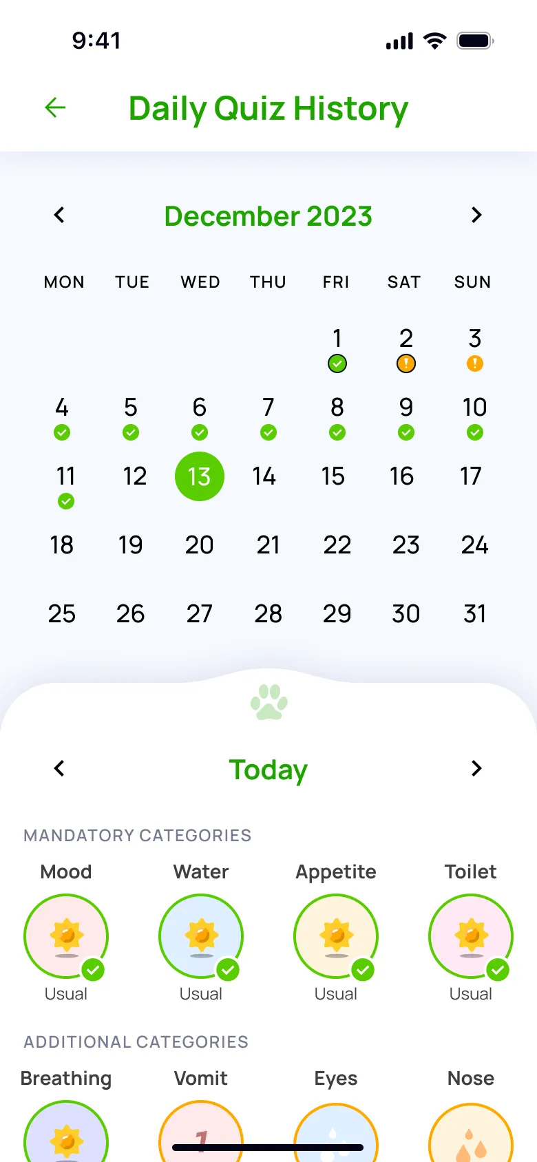 Flok daily quiz screen with mood, appetite, energy questions