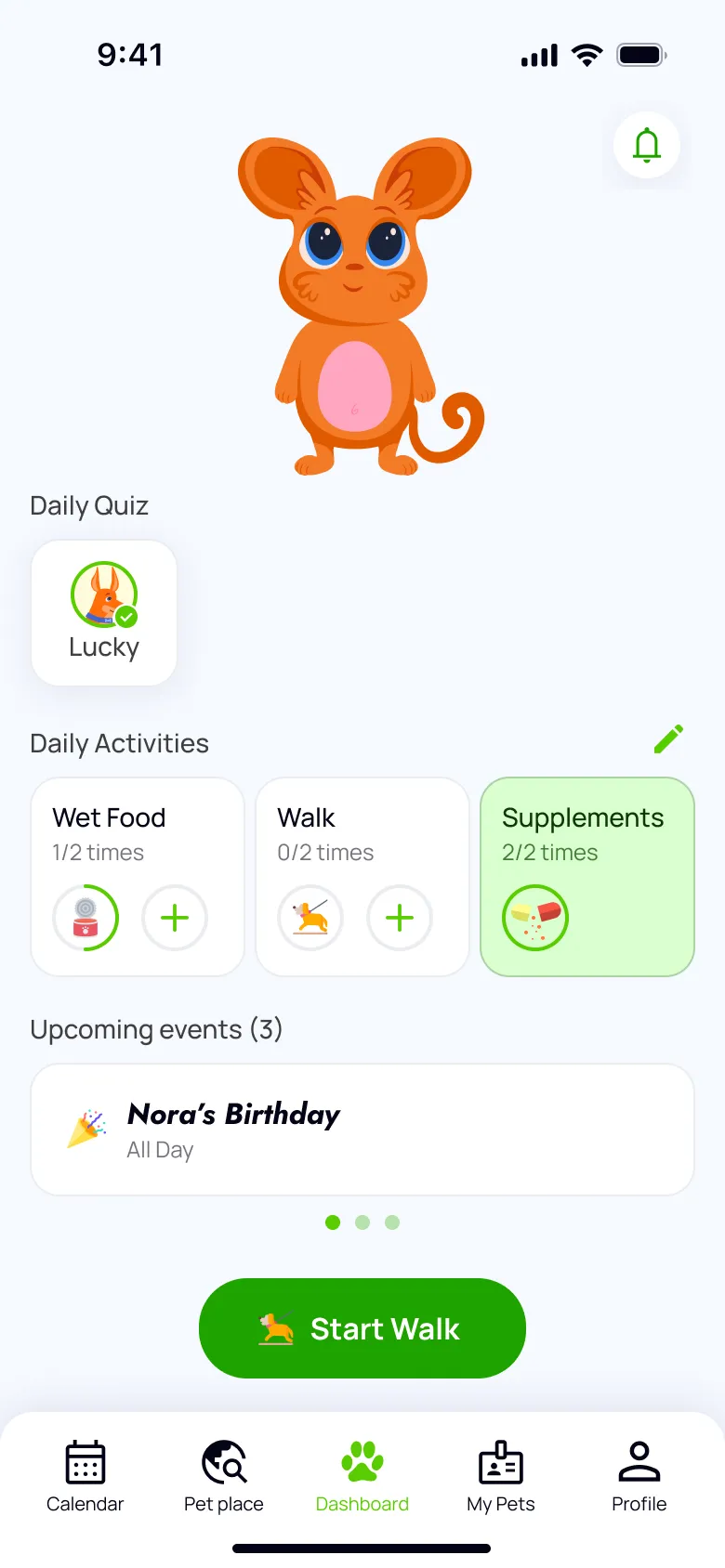 Flok app's Daily Routine screen on iPhone — a list of feeding, walks, and meds with Floky encouraging the streak
