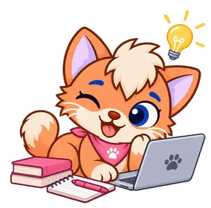 Floky, drawn as a cat, at a laptop with books, a lightbulb lit overhead