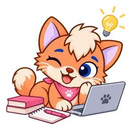 Floky, drawn as a cat, at a laptop with books, a lightbulb lit overhead