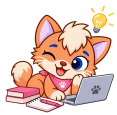 Floky, drawn as a cat, at a laptop with books, a lightbulb lit overhead