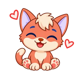 Floky, drawn as a cat, smiling with eyes closed, hearts around