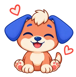 Floky, drawn as a dog, smiling with eyes closed, hearts around