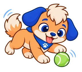 Floky, drawn as a dog, playing with a tennis ball