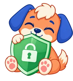 Floky, drawn as a dog, hugging a green shield with a padlock