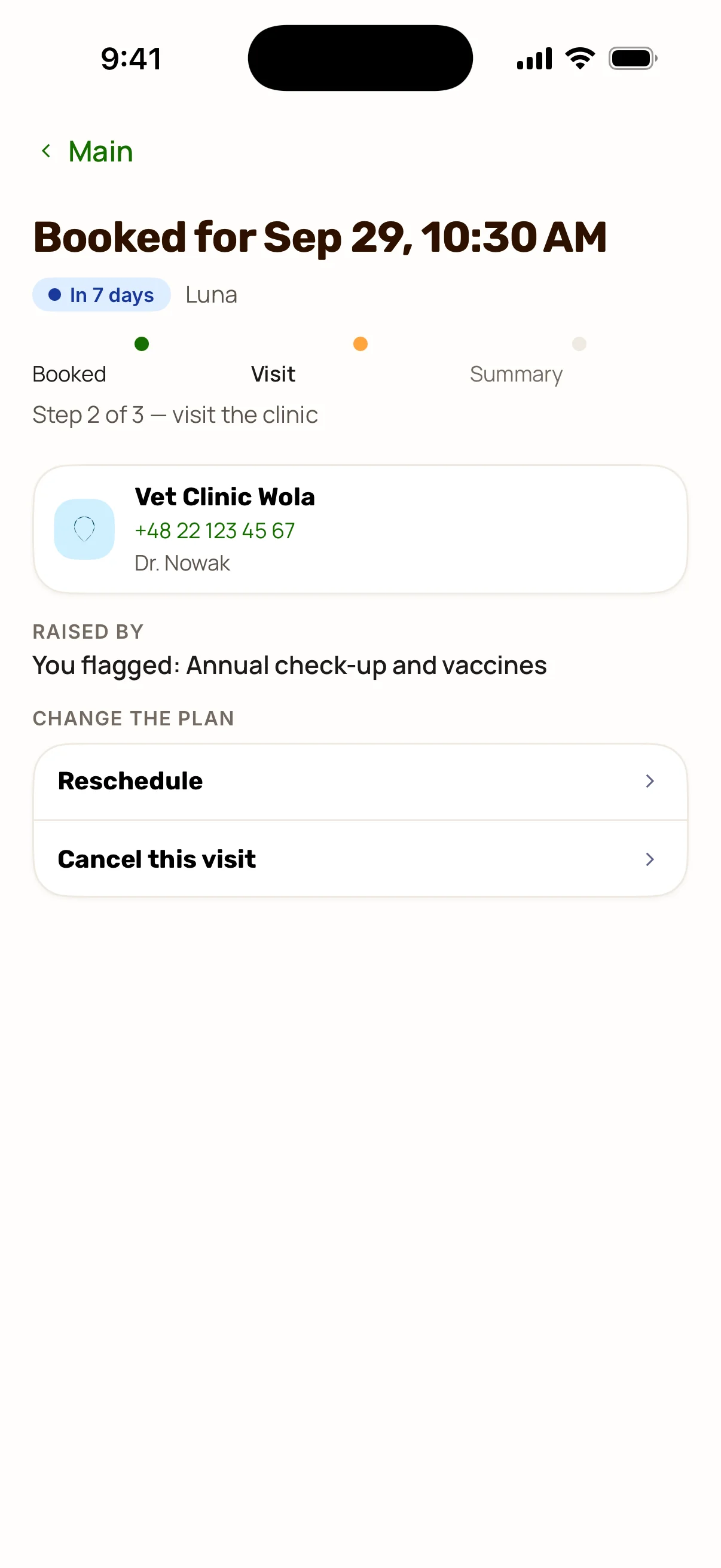 Flok vet visit: booked for September 29 at 10:30, step 2 of 3, with the clinic and the vet