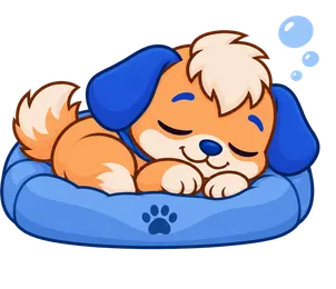 Floky, drawn as a dog, asleep, curled up in their bed