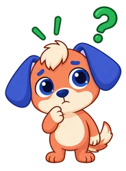 Floky, drawn as a dog, thinking, a question mark overhead