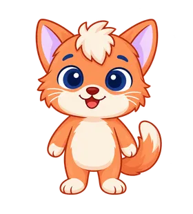 Floky, drawn as a cat, standing and smiling