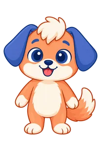 Floky, drawn as a dog, standing and smiling